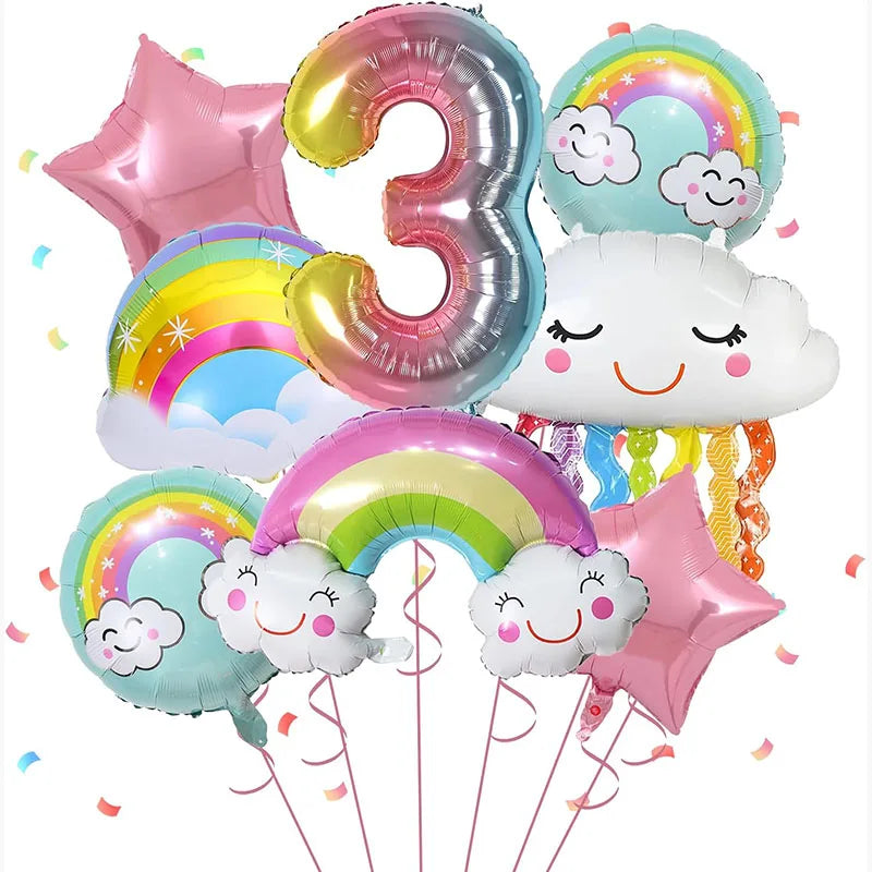 10 Pcs Rainbow Cloud Balloons Set 32inch Digit 1-9 Years Old Kids