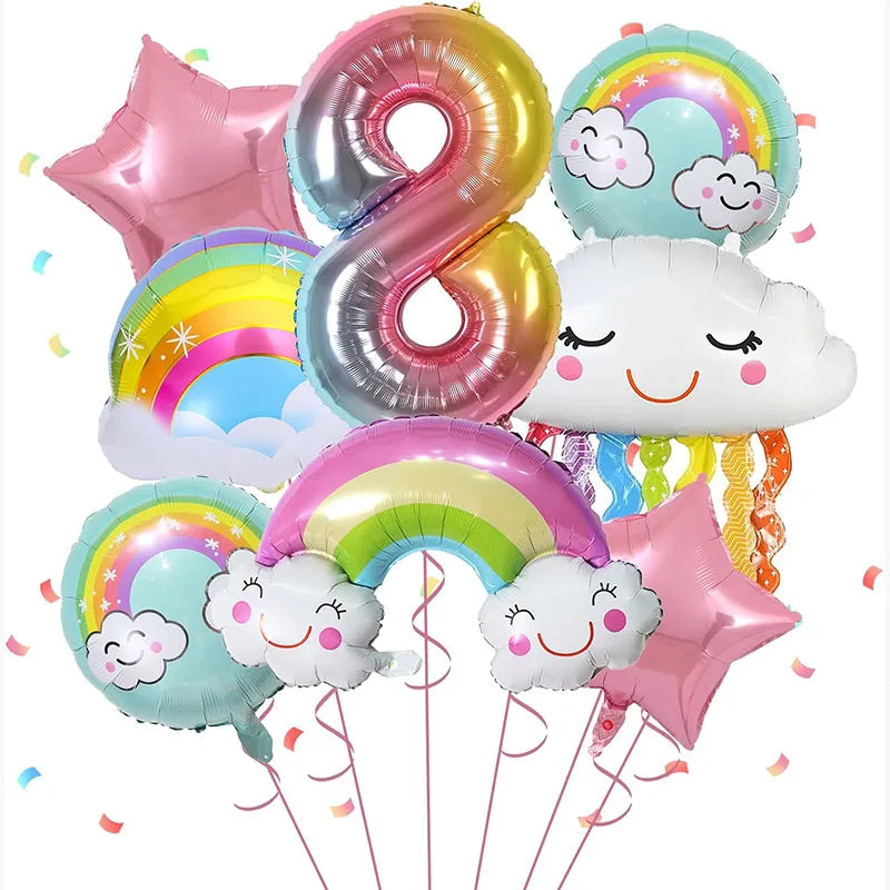 10 Pcs Rainbow Cloud Balloons Set 32inch Digit 1-9 Years Old Kids