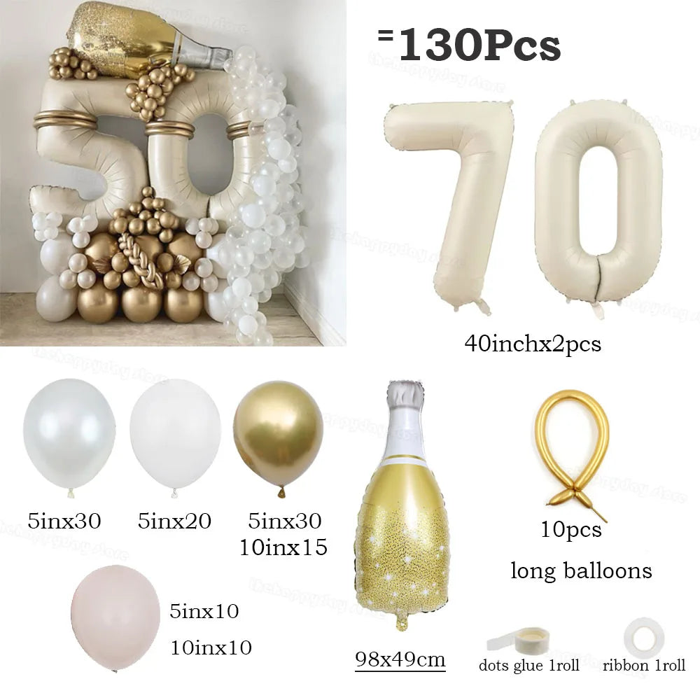 130Pcs Balloons Set including 40inch Number Foil Balloons for Party Decorations