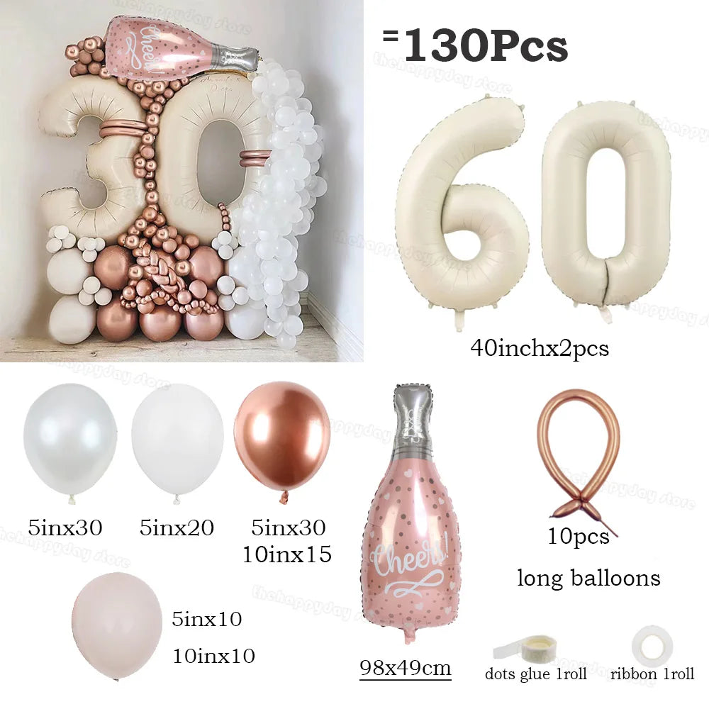 130Pcs Balloons Set including 40inch Number Foil Balloons for Party Decorations