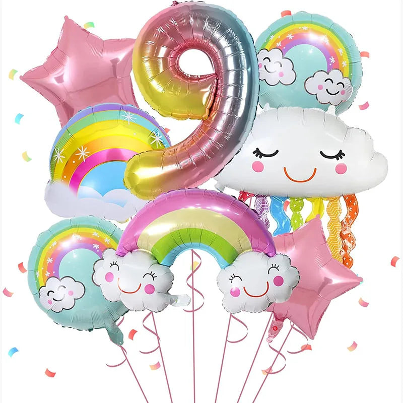 10 Pcs Rainbow Cloud Balloons Set 32inch Digit 1-9 Years Old Kids