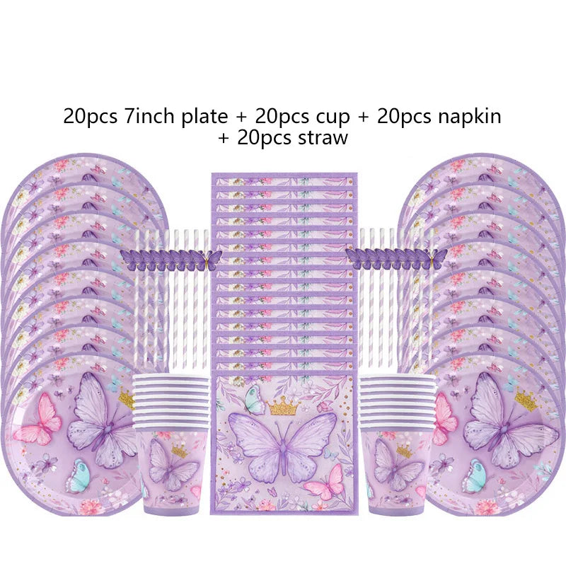 Purple Butterfly Party Decoration Disposable Paper Plates Napkins Cups Straw Tableware Set