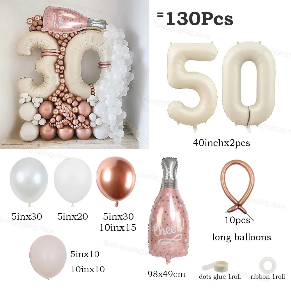 130Pcs Balloons Set including 40inch Number Foil Balloons for Party Decorations