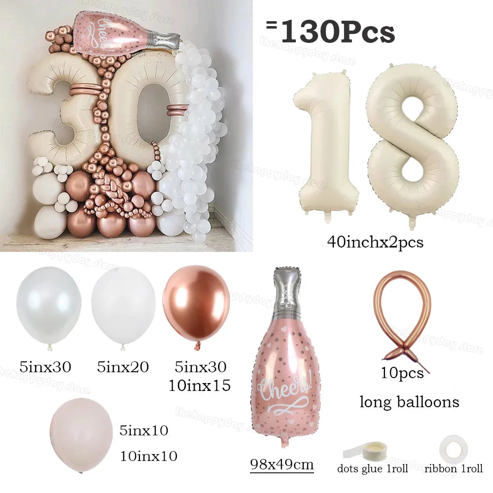 130Pcs Balloons Set including 40inch Number Foil Balloons for Party Decorations