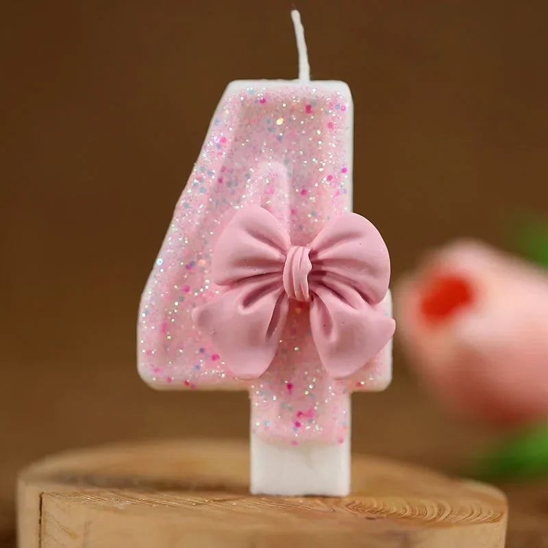 Cute Pink Bow 3D Number Cake Candles for Birthday Party Decorations