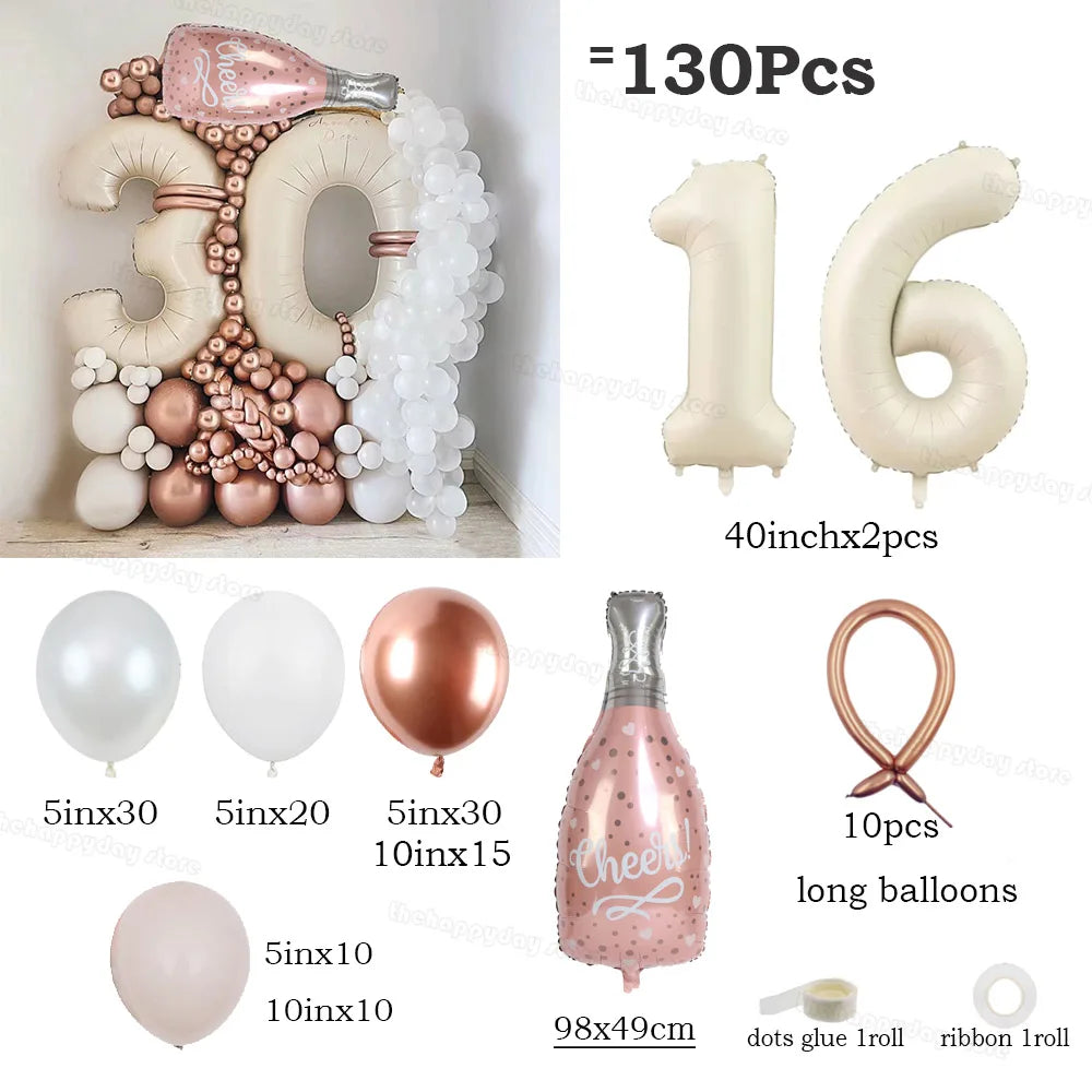 130Pcs Balloons Set including 40inch Number Foil Balloons for Party Decorations