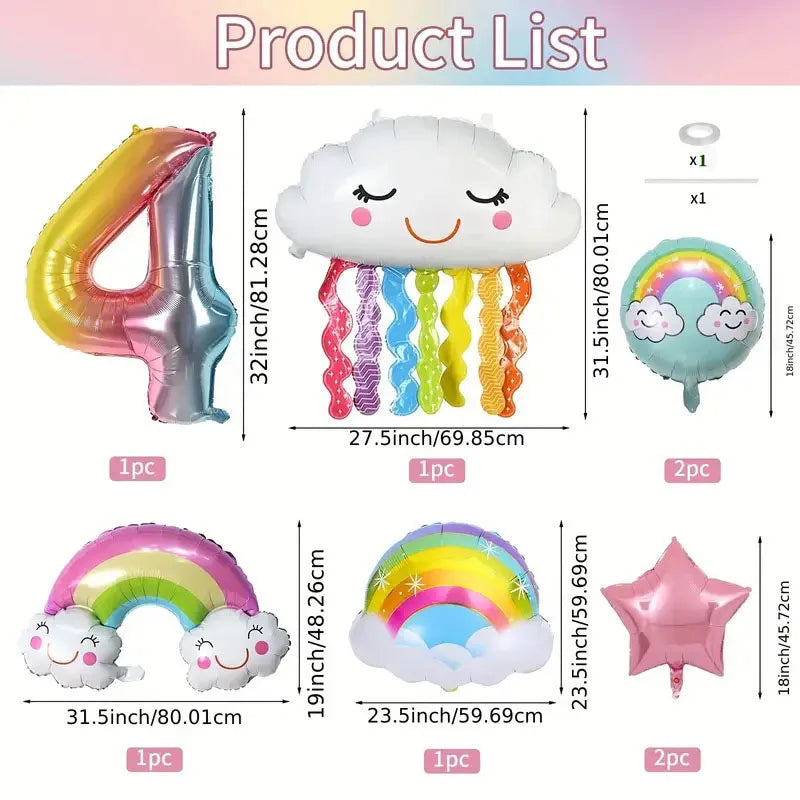 10 Pcs Rainbow Cloud Balloons Set 32inch Digit 1-9 Years Old Kids