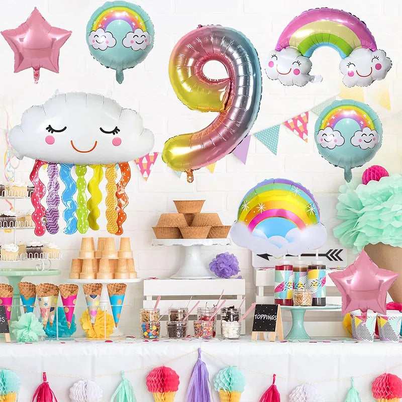 10 Pcs Rainbow Cloud Balloons Set 32inch Digit 1-9 Years Old Kids