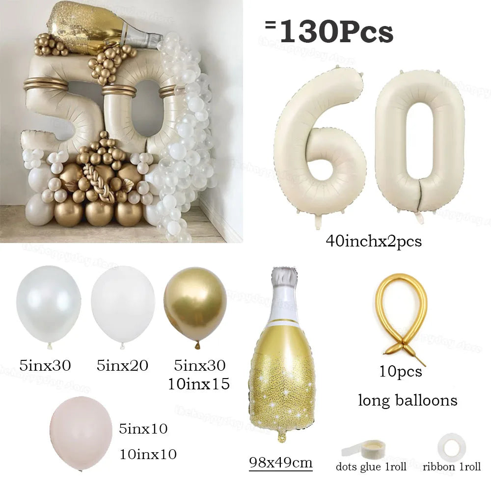 130Pcs Balloons Set including 40inch Number Foil Balloons for Party Decorations
