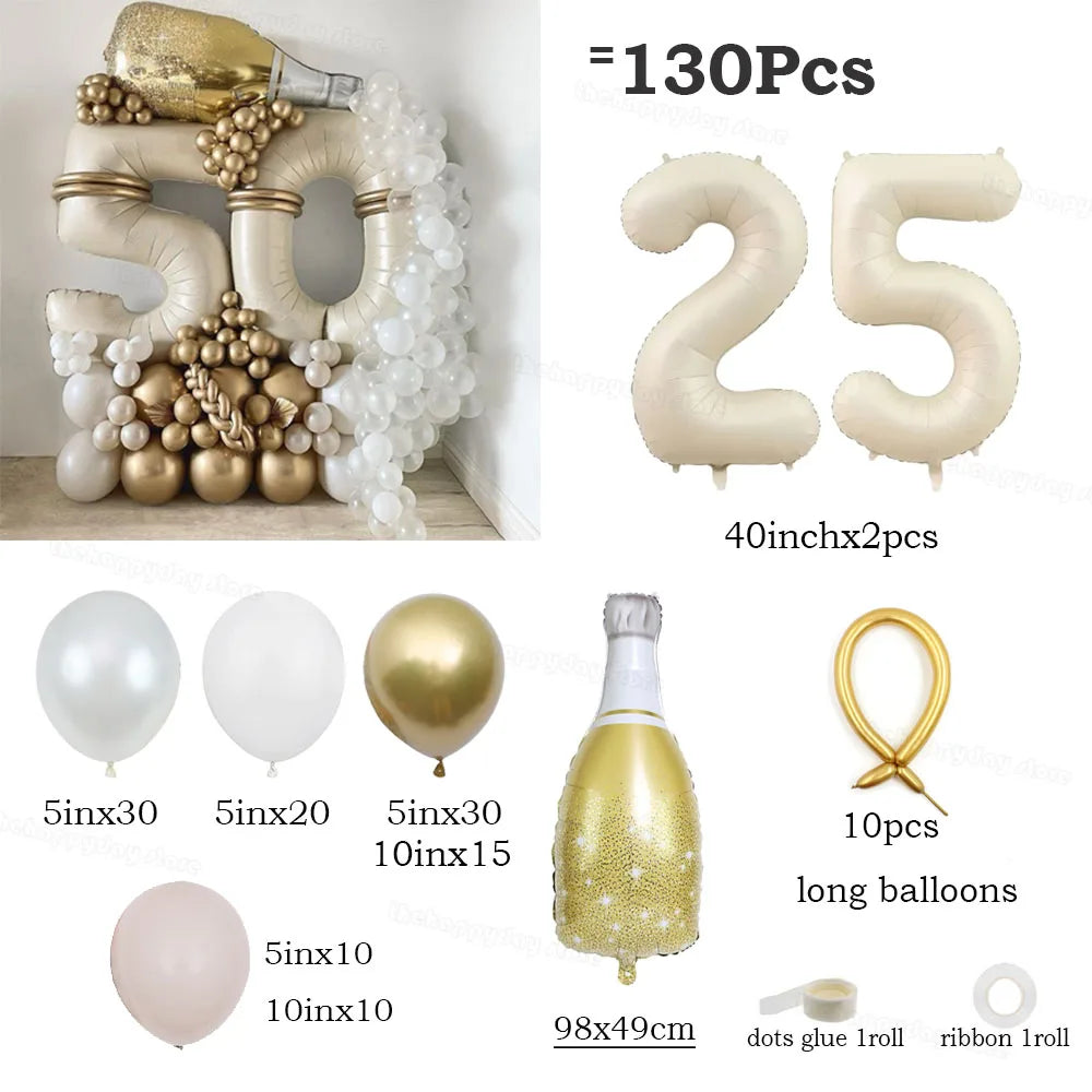 130Pcs Balloons Set including 40inch Number Foil Balloons for Party Decorations