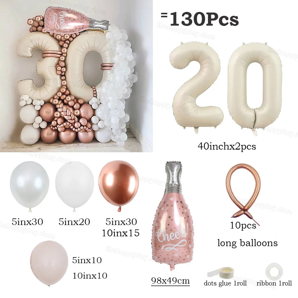 130Pcs Balloons Set including 40inch Number Foil Balloons for Party Decorations