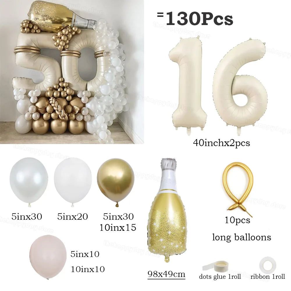 130Pcs Balloons Set including 40inch Number Foil Balloons for Party Decorations