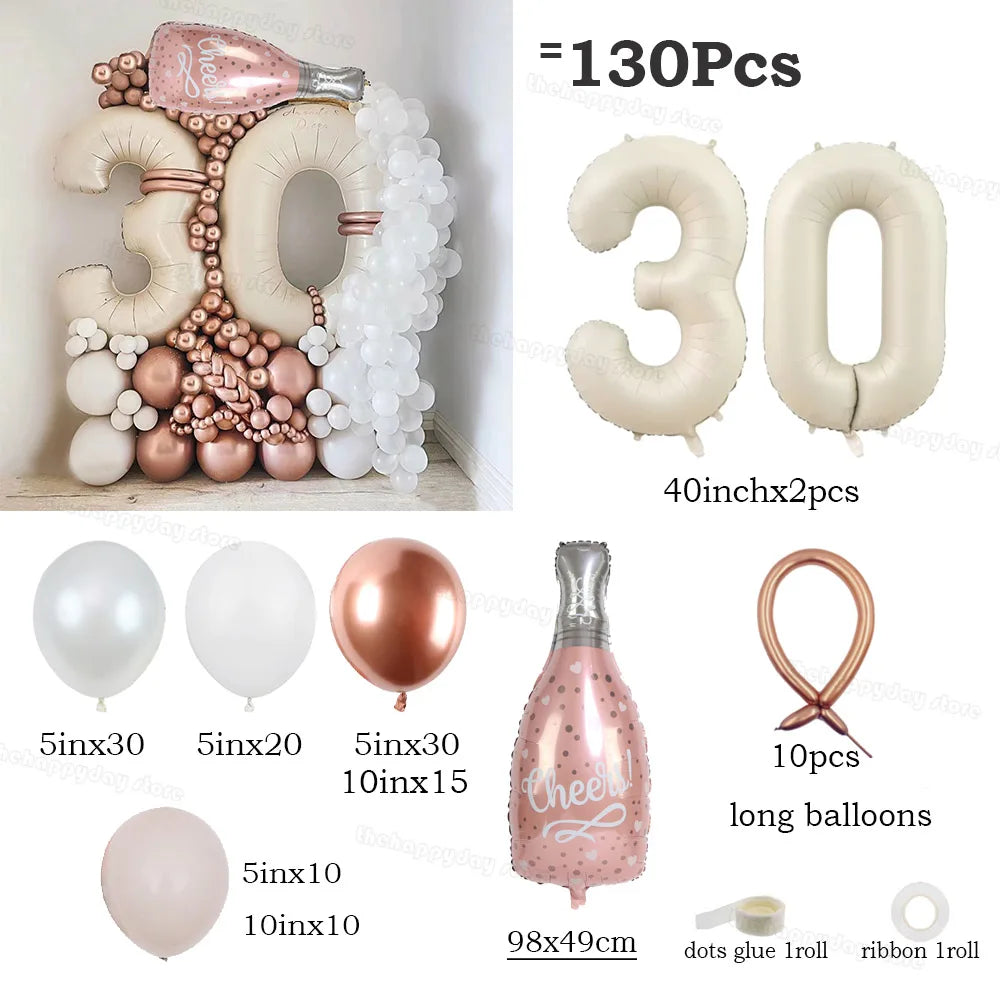 130Pcs Balloons Set including 40inch Number Foil Balloons for Party Decorations