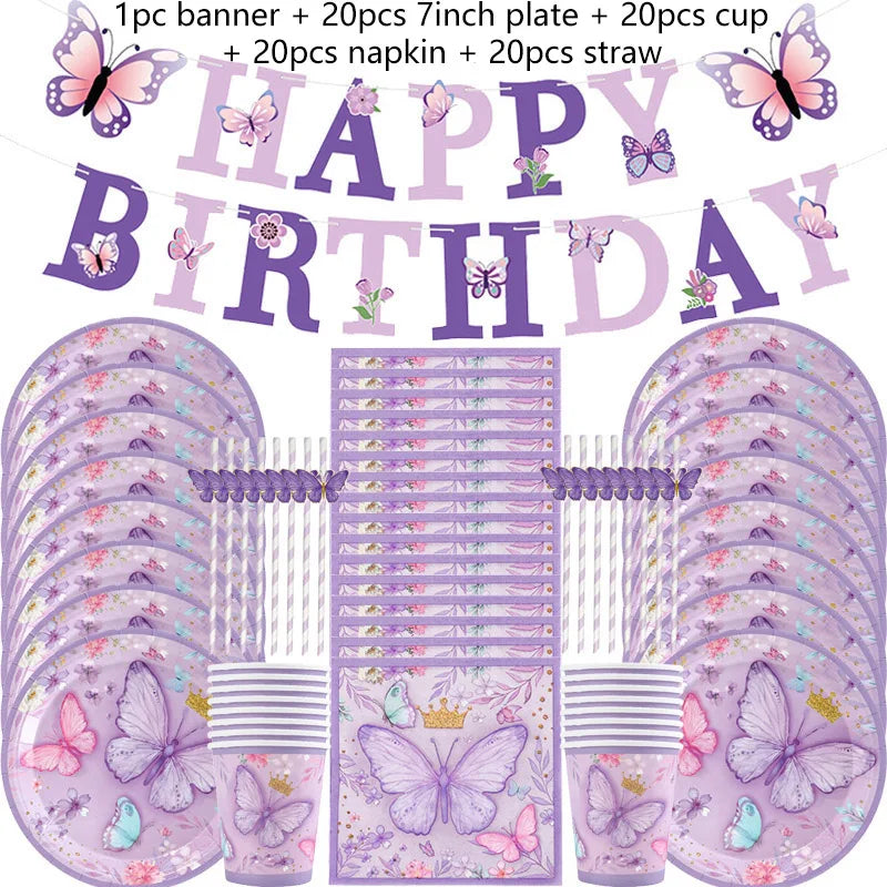 Purple Butterfly Party Decoration Disposable Paper Plates Napkins Cups Straw Tableware Set