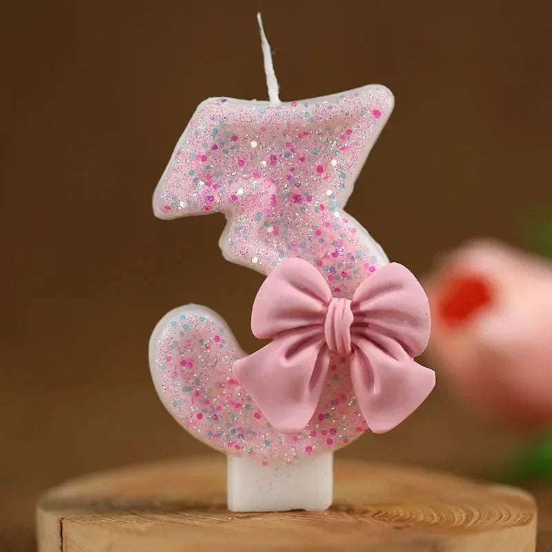 Cute Pink Bow 3D Number Cake Candles for Birthday Party Decorations