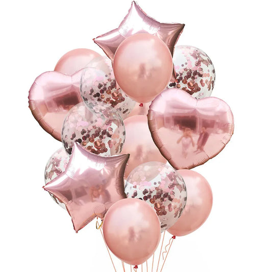 14pcs Rose Gold Mix Star Heart Birthday Party Decorations