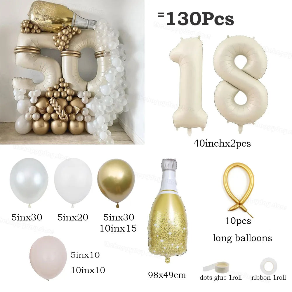 130Pcs Balloons Set including 40inch Number Foil Balloons for Party Decorations