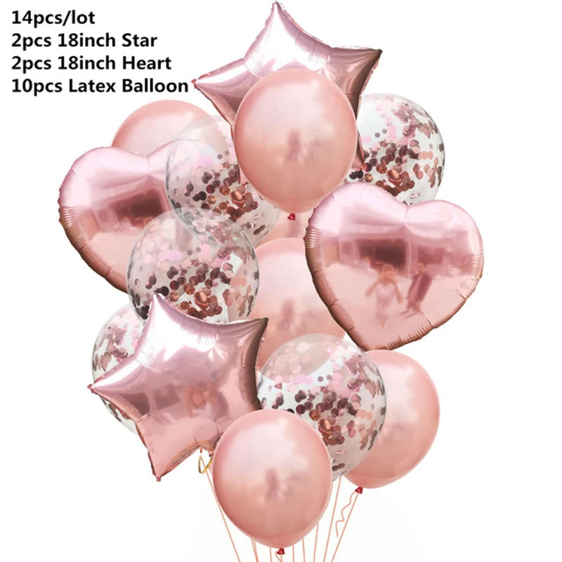14pcs Rose Gold Mix Star Heart Birthday Party Decorations