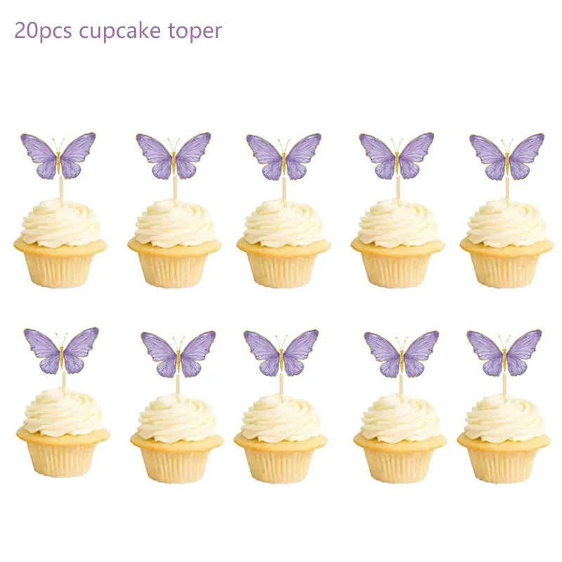 Purple Butterfly Party Decoration Disposable Paper Plates Napkins Cups Straw Tableware Set
