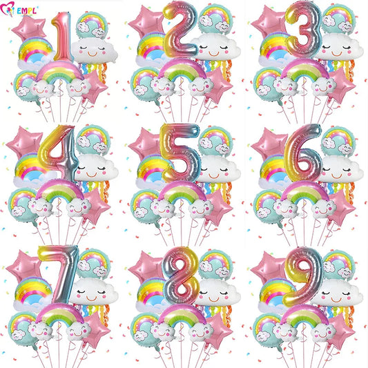 10 Pcs Rainbow Cloud Balloons Set 32inch Digit 1-9 Years Old Kids