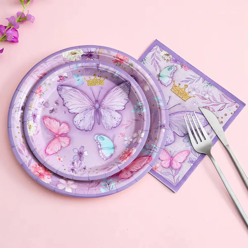 Purple Butterfly Party Decoration Disposable Paper Plates Napkins Cups Straw Tableware Set