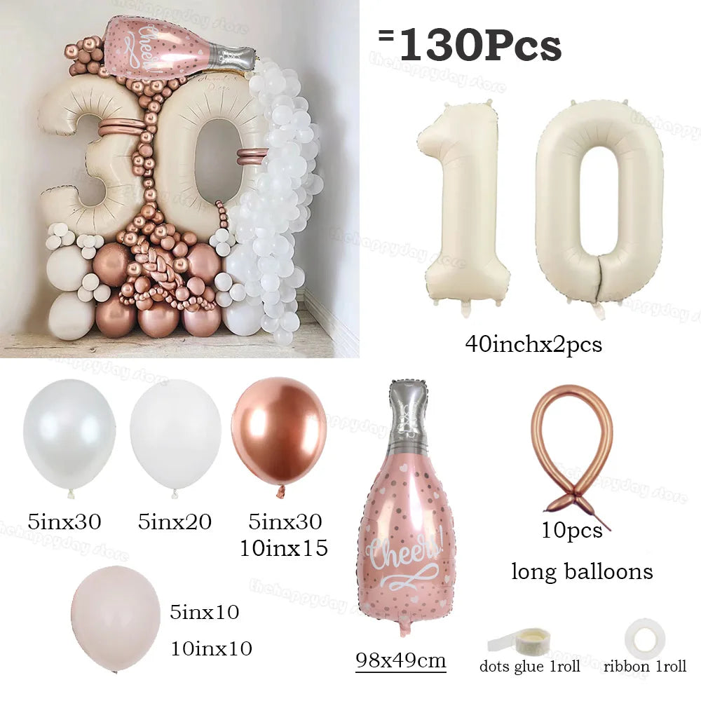 130Pcs Balloons Set including 40inch Number Foil Balloons for Party Decorations