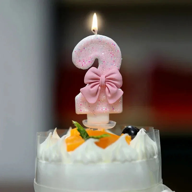 Cute Pink Bow 3D Number Cake Candles for Birthday Party Decorations