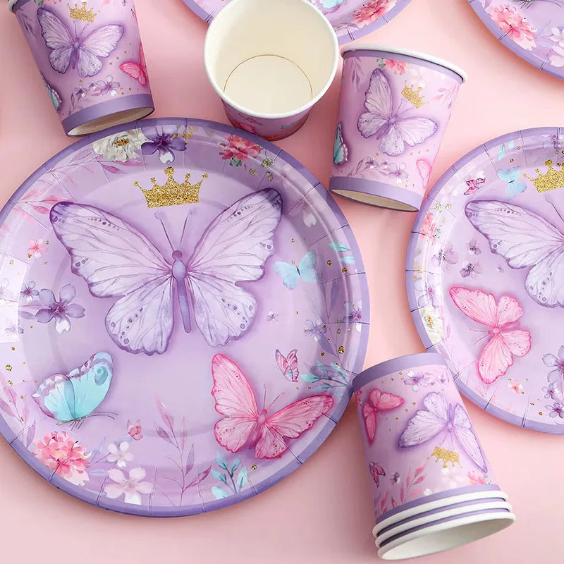 Purple Butterfly Party Decoration Disposable Paper Plates Napkins Cups Straw Tableware Set