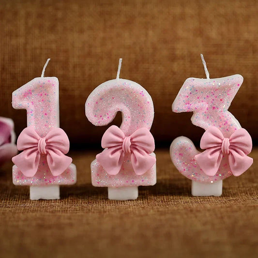 Cute Pink Bow 3D Number Cake Candles for Birthday Party Decorations