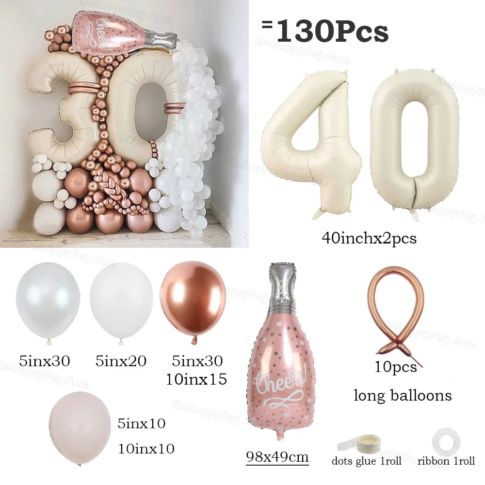 130Pcs Balloons Set including 40inch Number Foil Balloons for Party Decorations