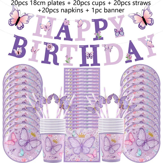Purple Butterfly Party Decoration Disposable Paper Plates Napkins Cups Straw Tableware Set
