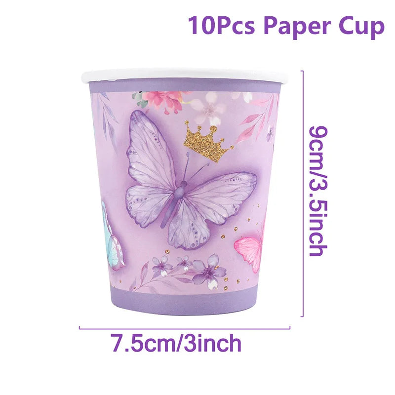 Purple Butterfly Party Decoration Disposable Paper Plates Napkins Cups Straw Tableware Set